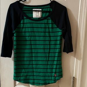 Abercrombie & Fitch Green and Navy Striped Long Sleeve Baseball Tee